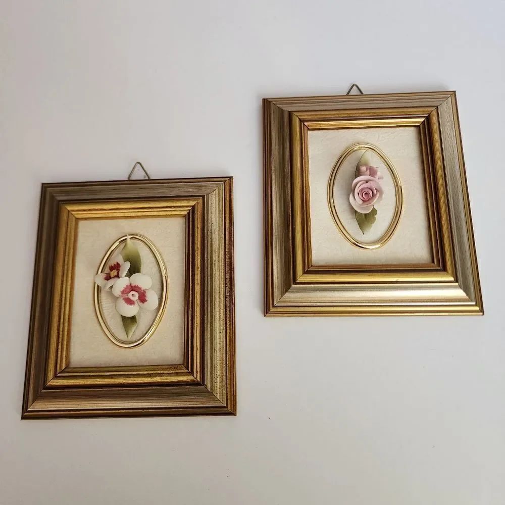 Set of 2 IBIS Capodimonte Porcelain Flower of The Month Framed Flowers